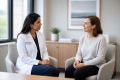 Oncology specialist consulting with a patient in a calm clinic office, discussing lung health.