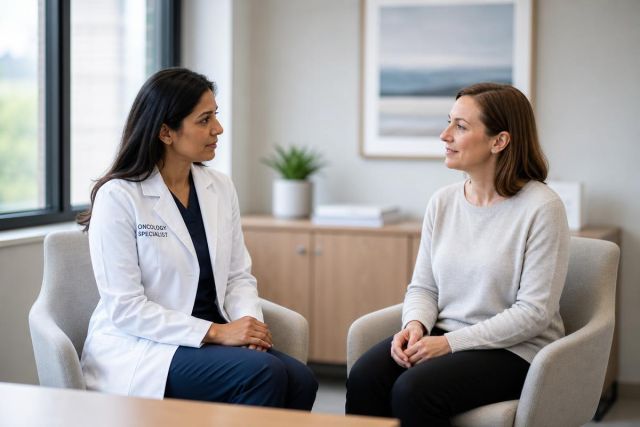 Oncology specialist consulting with a patient in a calm clinic office, discussing lung health.