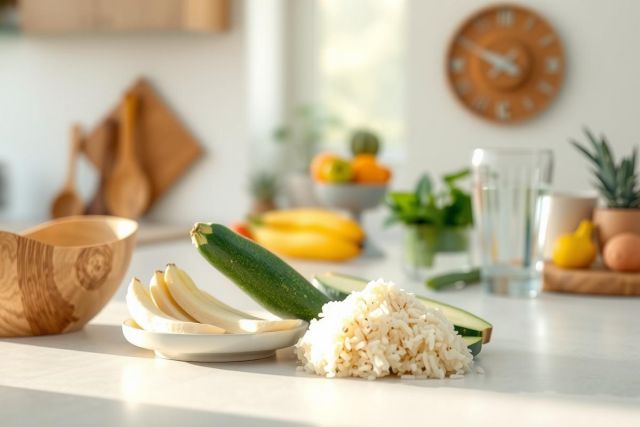 Fresh zucchini and bananas on a white kitchen counter. Natural light, bright and airy, with a rustic vibe. Healthy food, ingredients, and a minimalist aesthetic.