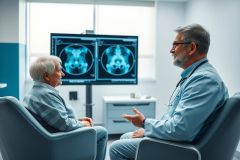 Doctor discussing medical imaging results with an elderly patient in a modern clinic. X-ray scan visible on screen. Healthcare consultation, senior care, diagnostic imaging, blue and white tones, professional medical setting.