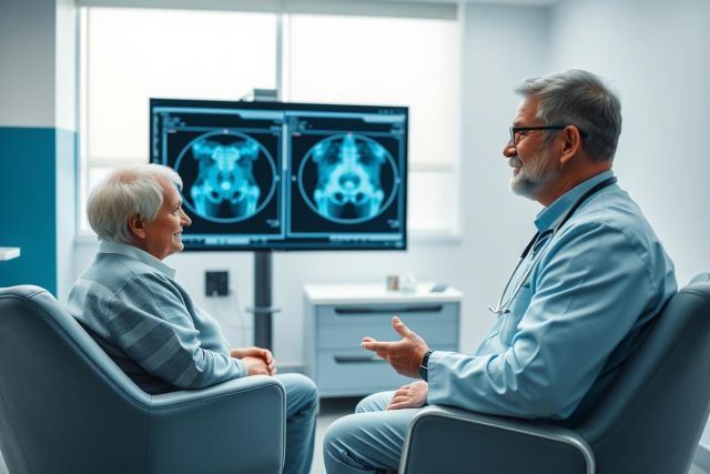 Doctor discussing medical imaging results with an elderly patient in a modern clinic. X-ray scan visible on screen. Healthcare consultation, senior care, diagnostic imaging, blue and white tones, professional medical setting.