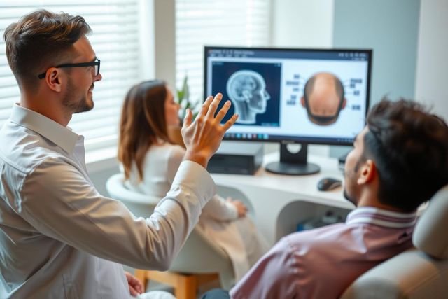 Medical professionals reviewing a brain MRI scan. The image shows a doctor gesturing while colleagues observe, highlighting diagnostic analysis in a modern healthcare setting. 