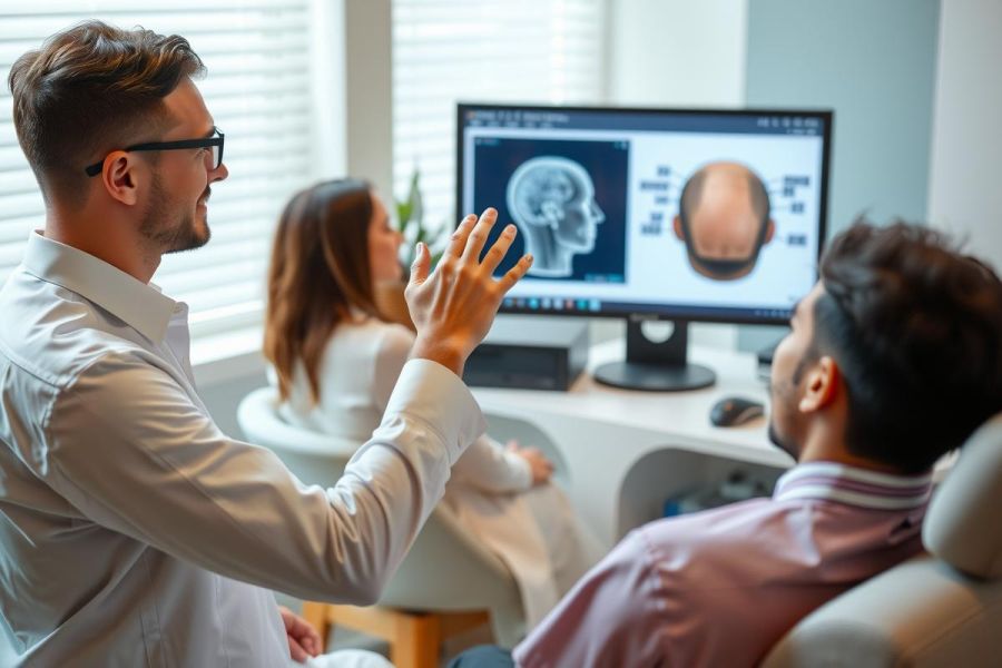 Medical professionals reviewing a brain MRI scan. The image shows a doctor gesturing while colleagues observe, highlighting diagnostic analysis in a modern healthcare setting. 