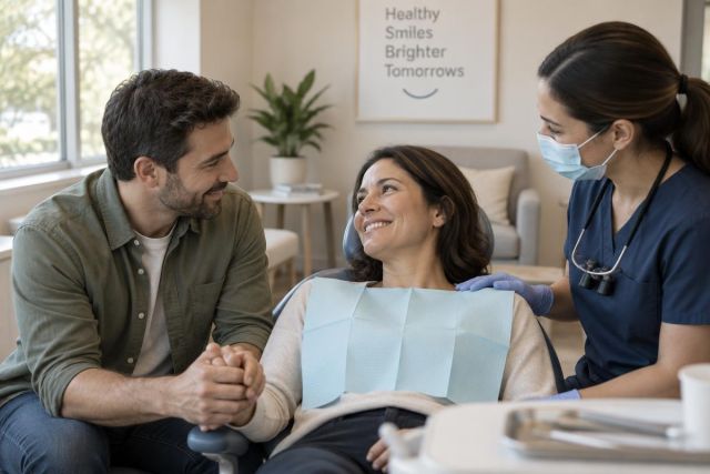 Patient smiling in dental chair with supportive partner and masked dental clinician beside her.