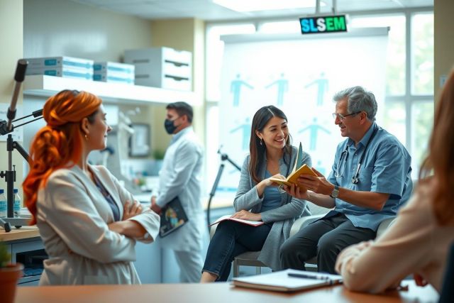 A group of healthcare professionals in a modern clinic setting, engaged in what appears to be an educational or training session. A man is speaking and showing something on his tablet while others listen attentively.