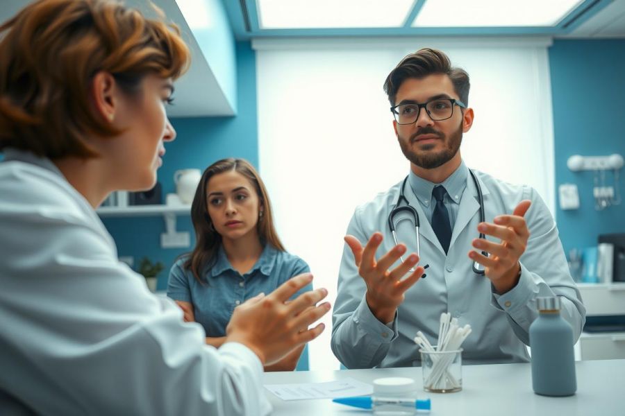 Doctor consults with patient in a bright, modern clinic setting. The doctor, wearing a white coat and stethoscope, gestures while speaking. The patient sits facing him. A clean, professional medical environment.
