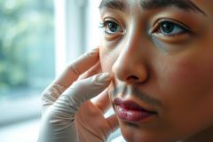 Close-up of a person wearing gloves, looking out a window. Focus on their face and the reflection of greenery visible through the glass. Natural light, serene atmosphere.
