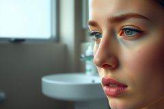 Close-up portrait of a woman with striking blue eyes, soft lighting, and a serene expression. The image features a blurred background including a bathroom sink, creating a minimalist and contemplative mood.