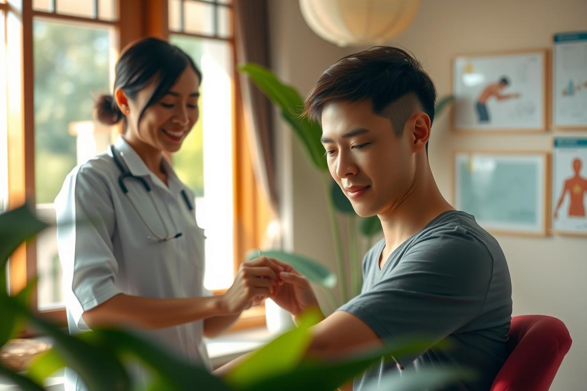 The image portrays a healthcare scenario. A medical professional, likely a nurse or doctor, is checking the vital signs of a young patient. They are seated in an examination room with natural light filtering through a window.