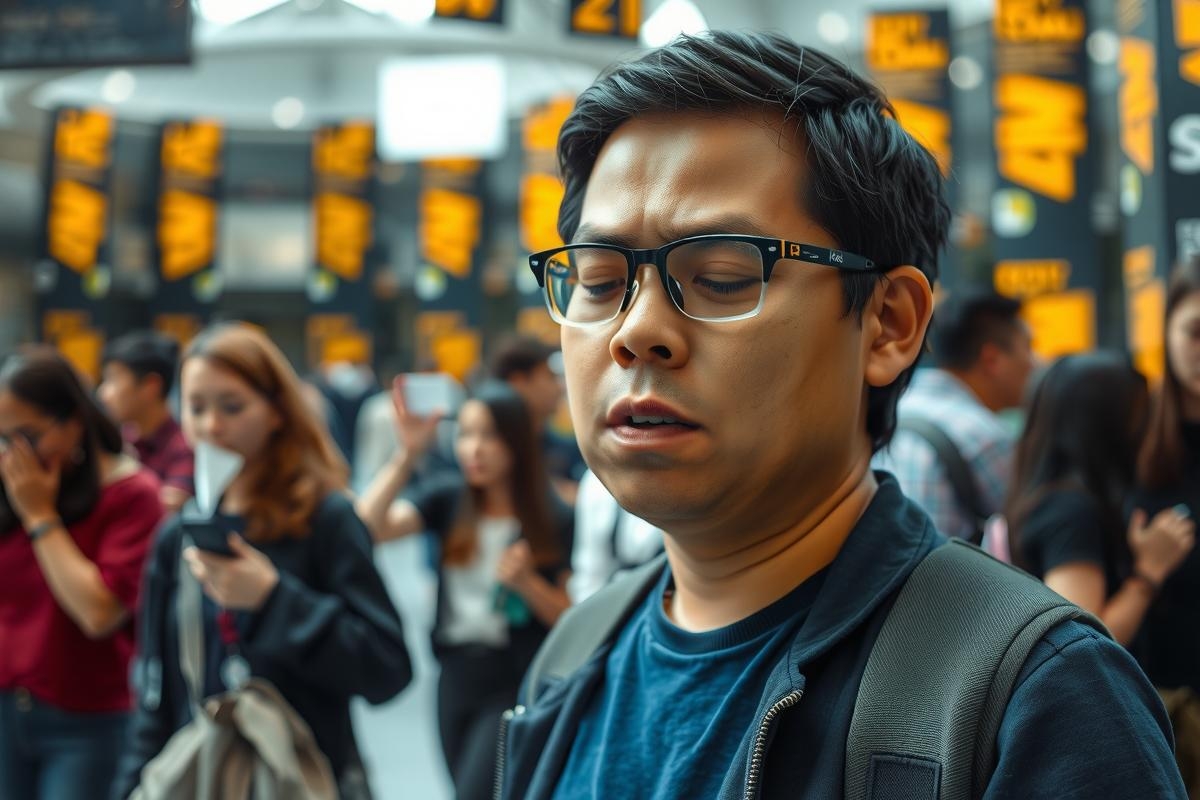 The image depicts a man with glasses looking displeased in a busy airport terminal. He is surrounded by fellow travelers, with various signs and information displays typical of an airport environment.