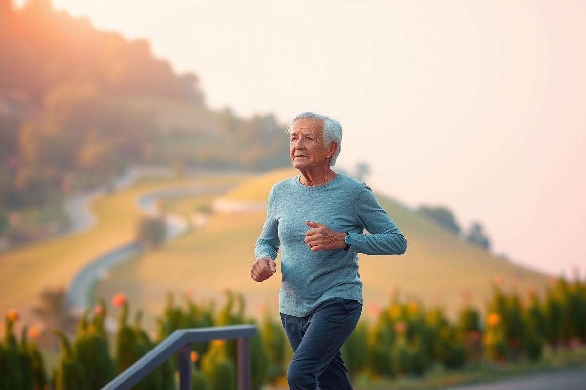 The image shows a person, likely an older adult given their appearance and the context of running on a hill. The environment appears to be a picturesque road or path with hills in the background during either sunrise or sunset, as indicated by the soft lighting and long shadows. 