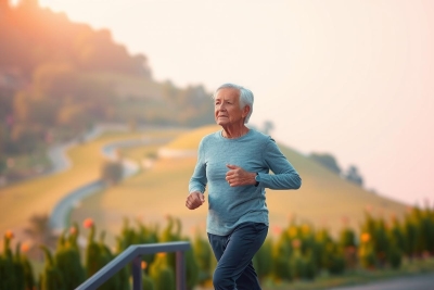 The image shows a person, likely an older adult given their appearance and the context of running on a hill. The environment appears to be a picturesque road or path with hills in the background during either sunrise or sunset, as indicated by the soft lighting and long shadows. 