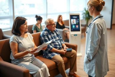 A doctor is engaging with a patient in a modern, clean, and well-lit waiting room. The doctor is dressed professionally, wearing a white coat and stethoscope, while the patient is comfortably seated on a couch. 