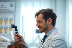 Doctor examining patient's ear with otoscope in medical office. Healthcare professional, diagnostic procedure, close-up portrait, white coat, clinical setting.