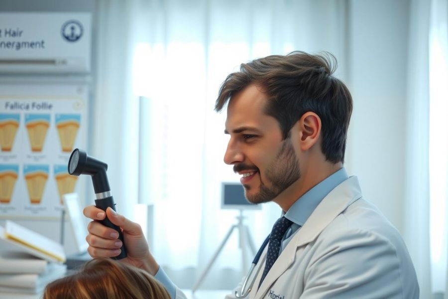 Doctor examining patient's ear with otoscope in medical office. Healthcare professional, diagnostic procedure, close-up portrait, white coat, clinical setting.