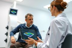 Doctor examines patient using a tablet in a clinic. Healthcare professional reviewing data during a consultation. Medical technology, patient care, and diagnostic assessment in a modern setting.