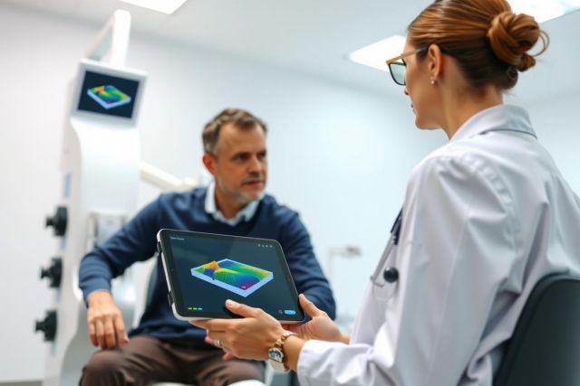 Doctor examines patient using a tablet in a clinic. Healthcare professional reviewing data during a consultation. Medical technology, patient care, and diagnostic assessment in a modern setting.
