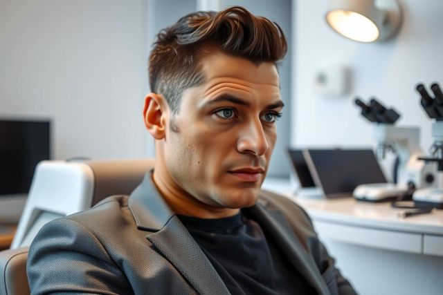 Man in a suit sits in a modern lab setting. Focus is on his face, with a serious expression. The environment features scientific equipment and a clean, minimalist aesthetic. Bright lighting highlights the scene.