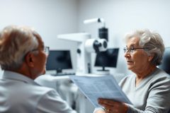 Senior woman consults with an eye doctor in a modern clinic. Both are wearing glasses. The scene includes medical equipment and paperwork, suggesting an eye exam or review of results. Focus on healthcare, elderly care, and vision health.