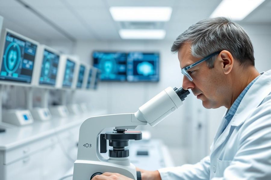 Scientist in a modern laboratory examining a sample under a microscope. The clean, white environment features multiple monitors displaying digital data, suggesting research and analysis. Focus is on scientific discovery and innovation.