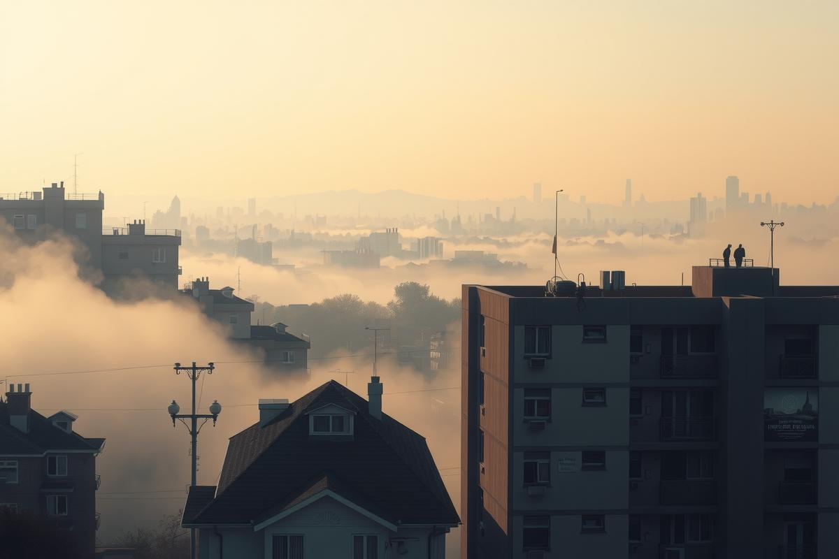 The image captures a serene view of a residential area during sunrise. The sky is adorned with hues of orange and gold, suggesting the early hours of the day. The silhouette of houses and buildings with rooftops can be seen in the foreground, indicating an urban setting. The haze that blankets the scene suggests a calm and peaceful atmosphere.
