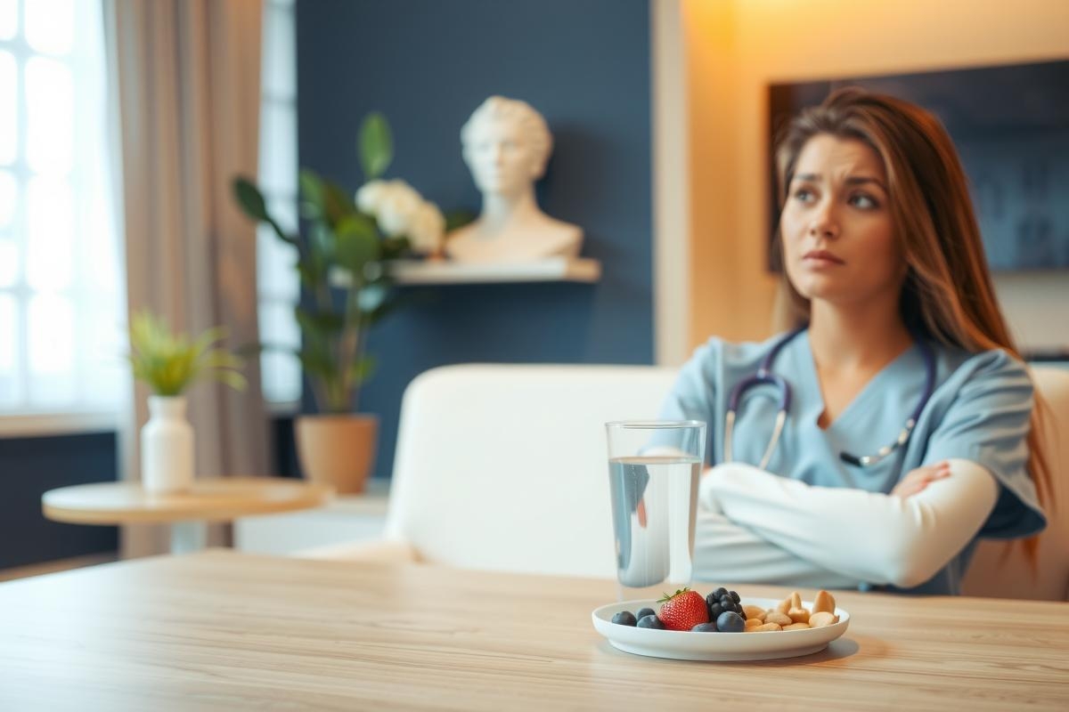 A female healthcare professional in scrubs sits at a table with a plate of fruit and a glass of water. The scene suggests a break or downtime in a medical setting. The color palette includes blues, whites, and natural wood tones.