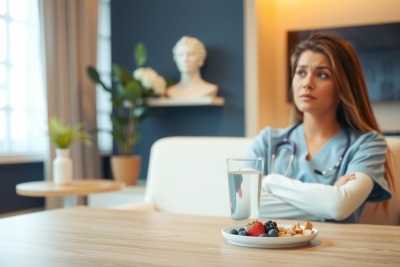 A female healthcare professional in scrubs sits at a table with a plate of fruit and a glass of water. The scene suggests a break or downtime in a medical setting. The color palette includes blues, whites, and natural wood tones.