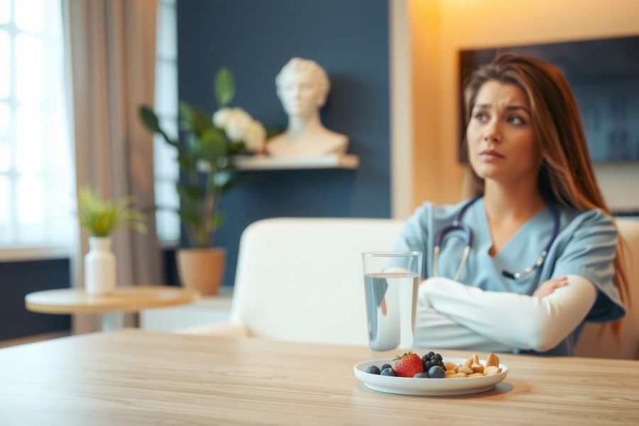 A female healthcare professional in scrubs sits at a table with a plate of fruit and a glass of water. The scene suggests a break or downtime in a medical setting. The color palette includes blues, whites, and natural wood tones.