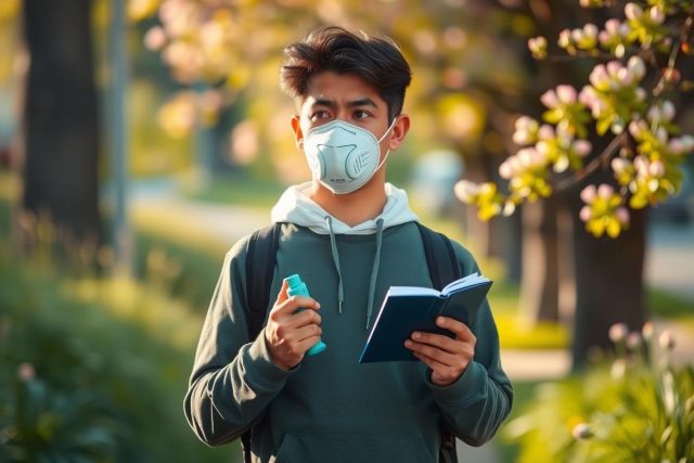 In the image, a young man is standing outdoors. He's wearing a hooded sweatshirt and a mask over his mouth and nose. 