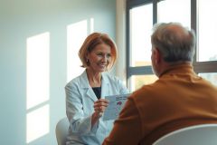 Doctor explains a medical chart to a patient in a bright, modern office. Healthcare consultation, diagnostics, and patient care are evident in the scene.