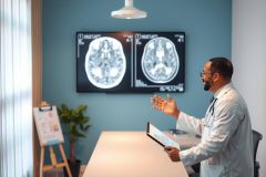 Doctor examining a brain MRI scan on a tablet in a medical office. The image showcases healthcare diagnostics and medical technology in a modern setting.