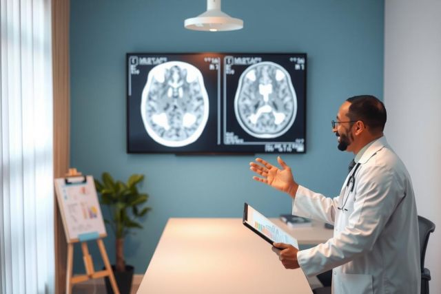 Doctor examining a brain MRI scan on a tablet in a medical office. The image showcases healthcare diagnostics and medical technology in a modern setting.
