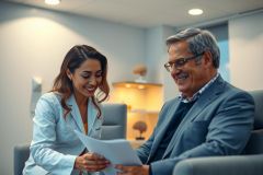 Doctor and patient discuss medical records in a modern office. Smiling, they engage in a consultation. Warm lighting and a professional setting create a welcoming atmosphere. Healthcare, consultation, medical office.