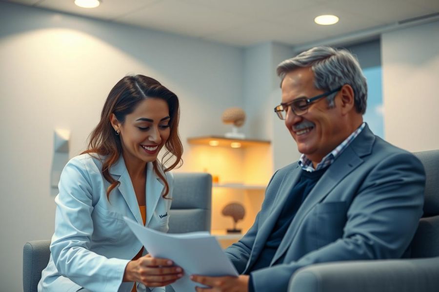 Doctor and patient discuss medical records in a modern office. Smiling, they engage in a consultation. Warm lighting and a professional setting create a welcoming atmosphere. Healthcare, consultation, medical office.