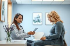 Doctor examining patient during consultation. Healthcare professional reviewing documents with a woman in a clinic setting. Blue and white interior, medical check-up, patient care.