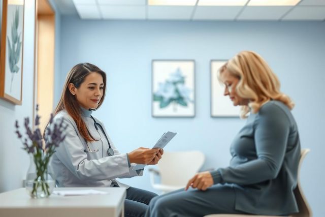 Doctor examining patient during consultation. Healthcare professional reviewing documents with a woman in a clinic setting. Blue and white interior, medical check-up, patient care.