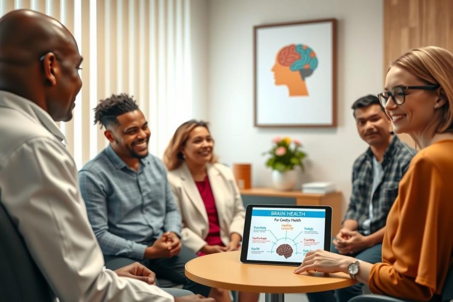 Group of diverse professionals in a modern office setting, participating in a meeting or workshop, using a tablet. Warm lighting and a collaborative atmosphere.