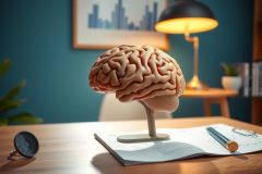 Detailed anatomical brain model displayed on a desk with a notebook, lamp, and other office items. A close-up view showcases the brain's structure, set against a warm-toned, study environment.