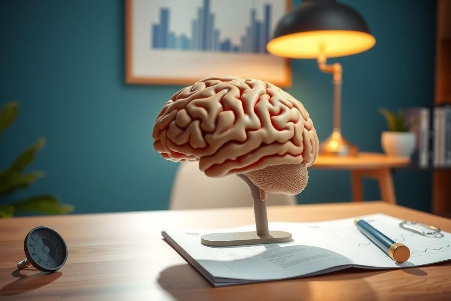 Detailed anatomical brain model displayed on a desk with a notebook, lamp, and other office items. A close-up view showcases the brain's structure, set against a warm-toned, study environment.