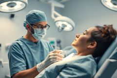 Medical scene: Surgeon in blue scrubs and mask examines a patient lying on an operating table under bright surgical lights. Sterile environment, focus on healthcare and patient care. Blue and white tones dominate the image.
