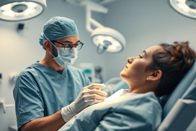 Medical scene: Surgeon in blue scrubs and mask examines a patient lying on an operating table under bright surgical lights. Sterile environment, focus on healthcare and patient care. Blue and white tones dominate the image.
