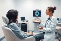 Doctor consultation in a modern medical office. A female doctor in a white coat discusses results with a patient seated in a chair, with medical imaging visible in the background. Cool blue and gray tones create a professional healthcare setting.