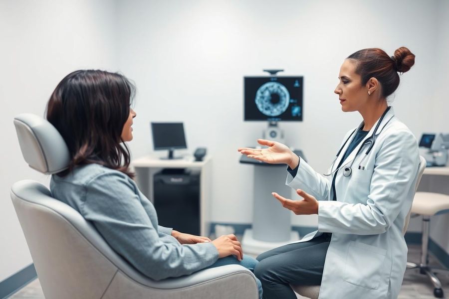 Doctor consultation in a modern medical office. A female doctor in a white coat discusses results with a patient seated in a chair, with medical imaging visible in the background. Cool blue and gray tones create a professional healthcare setting.