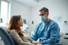Doctor in blue scrubs and mask comforts a patient in a bright, modern medical clinic. Focus on healthcare, patient care, and a reassuring medical consultation setting.