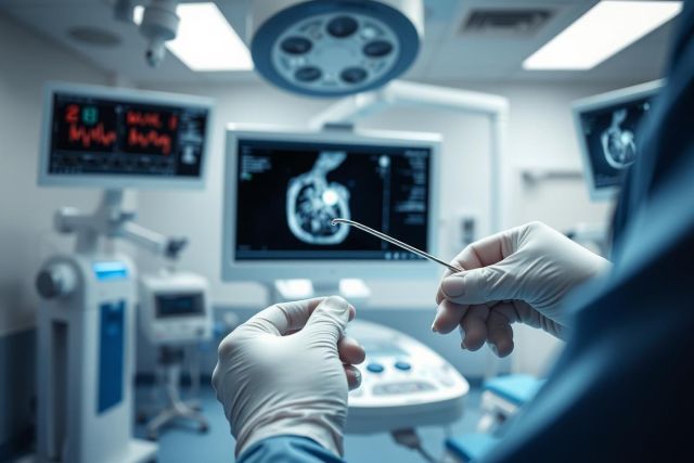Surgical scene: Hands in surgical gloves hold a medical instrument in an operating room. Monitors display medical imaging, likely brain scans. Blue and white color scheme, sterile environment. Focus on precision and medical technology. Neurosurgery, medical procedure.