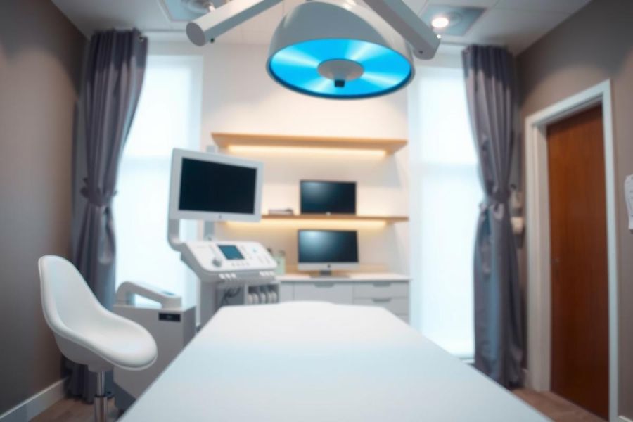 Modern medical exam room with a patient table, monitors, and equipment. Clean, bright interior with gray walls and curtains. Healthcare setting, diagnostic room, clinical space.