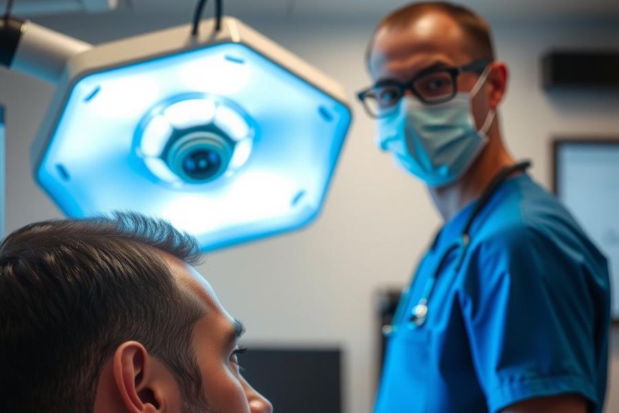 Doctor in blue scrubs and mask examines a patient during an appointment, illuminated by a medical examination light. Healthcare setting with a focused, professional environment.