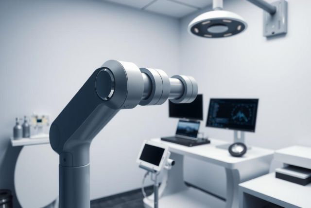 Medical operating room with advanced equipment. Monitors display imaging, suggesting a surgical or diagnostic setting. Clean, modern environment with stainless steel surfaces and bright lighting.