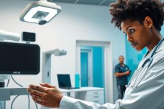 Healthcare professional in a modern, blue medical lab examining a digital display. Focus on medical technology, diagnostics, and clinical setting.