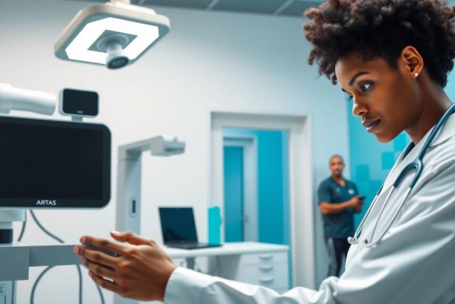 Healthcare professional in a modern, blue medical lab examining a digital display. Focus on medical technology, diagnostics, and clinical setting.
